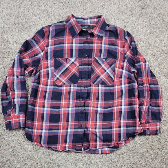 Lauren Ralph Lauren Shirt Womens 1X Plaid Blue Red Button Up Long Sleeve - Picture 1 of 8